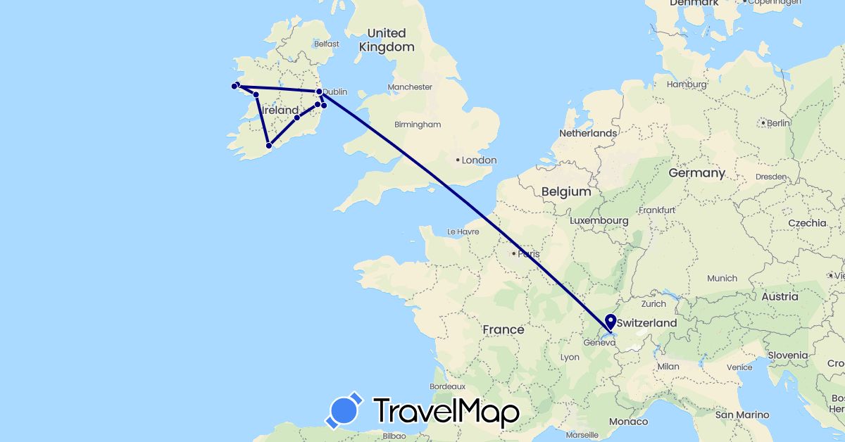 TravelMap itinerary: driving in Switzerland, Ireland (Europe)